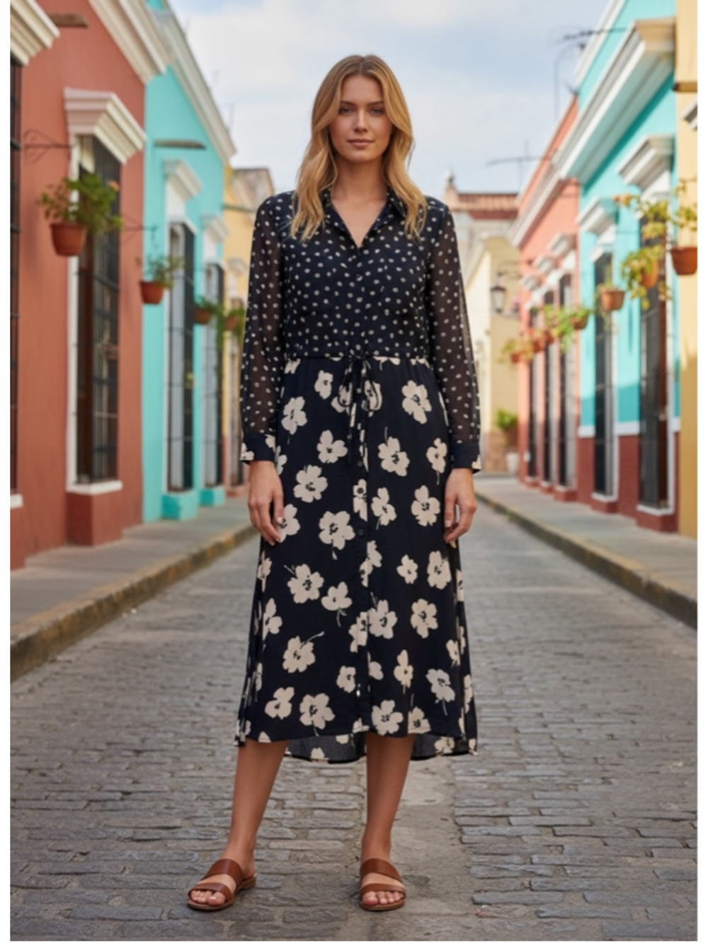 EUC Women's FRENCH CONNECTION Long Sleeve Dress Size 4 Navy White Floral